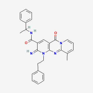 6-imino-11-methyl-2-oxo-N-(1-phenylethyl)-7-(2-phenylethyl)-1,7,9-triazatricyclo[8.4.0.0^{3,8}]tetradeca-3(8),4,9,11,13-pentaene-5-carboxamide