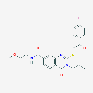 molecular formula C24H26FN3O4S B2941808 2-((2-(4-氟苯基)-2-氧代乙基)硫代)-3-异丁基-N-(2-甲氧基乙基)-4-氧代-3,4-二氢喹唑啉-7-甲酰胺 CAS No. 946237-56-5