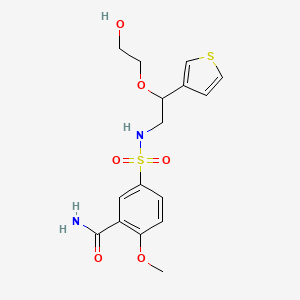 molecular formula C16H20N2O6S2 B2941844 5-(N-(2-(2-羟乙氧基)-2-(噻吩-3-基)乙基)磺酰胺基)-2-甲氧基苯甲酰胺 CAS No. 2034366-84-0