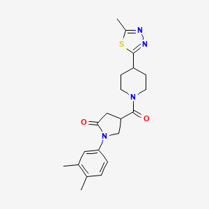 molecular formula C21H26N4O2S B2941886 1-(3,4-Dimethylphenyl)-4-(4-(5-methyl-1,3,4-thiadiazol-2-yl)piperidine-1-carbonyl)pyrrolidin-2-one CAS No. 1396844-53-3