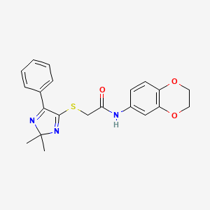 molecular formula C21H21N3O3S B2941899 N-(2,3-二氢苯并[b][1,4]二氧杂环-6-基)-2-((2,2-二甲基-5-苯基-2H-咪唑-4-基)硫代)乙酰胺 CAS No. 899911-50-3
