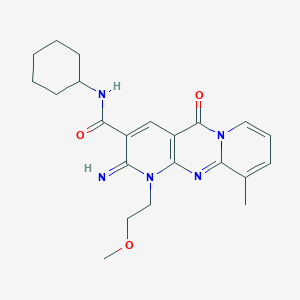 molecular formula C22H27N5O3 B2941910 N-cyclohexyl-2-imino-1-(2-methoxyethyl)-10-methyl-5-oxo-2,5-dihydro-1H-dipyrido[1,2-a:2',3'-d]pyrimidine-3-carboxamide CAS No. 510762-53-5