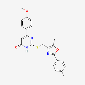 molecular formula C23H21N3O3S B2941944 6-(4-Methoxyphenyl)-2-(((5-methyl-2-(p-tolyl)oxazol-4-yl)methyl)thio)pyrimidin-4-ol CAS No. 1040635-08-2
