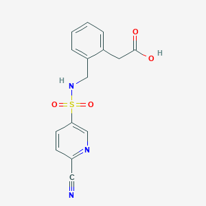 molecular formula C15H13N3O4S B2942000 2-[2-[[(6-Cyanopyridin-3-yl)sulfonylamino]methyl]phenyl]acetic acid CAS No. 2305449-34-5