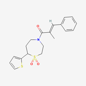 molecular formula C19H21NO3S2 B2942054 (E)-1-(1,1-dioxido-7-(thiophen-2-yl)-1,4-thiazepan-4-yl)-2-methyl-3-phenylprop-2-en-1-one CAS No. 2035021-57-7