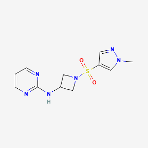 molecular formula C11H14N6O2S B2942133 N-(1-((1-methyl-1H-pyrazol-4-yl)sulfonyl)azetidin-3-yl)pyrimidin-2-amine CAS No. 2034303-88-1