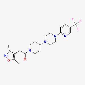molecular formula C22H28F3N5O2 B2942153 2-(3,5-Dimethyl-1,2-oxazol-4-yl)-1-(4-{4-[5-(trifluoromethyl)pyridin-2-yl]piperazin-1-yl}piperidin-1-yl)ethan-1-one CAS No. 2097938-07-1