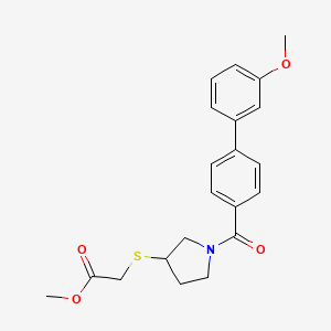 molecular formula C21H23NO4S B2942173 Methyl 2-((1-(3'-methoxy-[1,1'-biphenyl]-4-carbonyl)pyrrolidin-3-yl)thio)acetate CAS No. 2034526-72-0