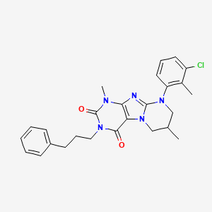 molecular formula C26H28ClN5O2 B2942197 9-(3-chloro-2-methylphenyl)-1,7-dimethyl-3-(3-phenylpropyl)-6,7,8,9-tetrahydropyrimido[2,1-f]purine-2,4(1H,3H)-dione CAS No. 877617-64-6