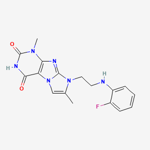 molecular formula C17H17FN6O2 B2942308 8-(2-((2-氟苯基)氨基)乙基)-1,7-二甲基-1H-咪唑并[2,1-f]嘌呤-2,4(3H,8H)-二酮 CAS No. 923128-69-2