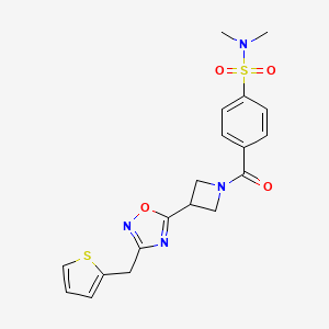 molecular formula C19H20N4O4S2 B2942385 N,N-dimethyl-4-(3-(3-(thiophen-2-ylmethyl)-1,2,4-oxadiazol-5-yl)azetidine-1-carbonyl)benzenesulfonamide CAS No. 1396851-28-7