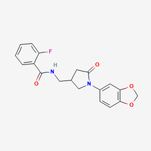 molecular formula C19H17FN2O4 B2942495 N-((1-(benzo[d][1,3]dioxol-5-yl)-5-oxopyrrolidin-3-yl)methyl)-2-fluorobenzamide CAS No. 954677-04-4
