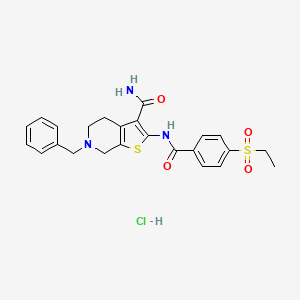 molecular formula C24H26ClN3O4S2 B2942530 6-Benzyl-2-(4-(ethylsulfonyl)benzamido)-4,5,6,7-tetrahydrothieno[2,3-c]pyridine-3-carboxamide hydrochloride CAS No. 1215661-07-6