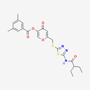 molecular formula C23H25N3O5S2 B2942584 6-(((5-(2-ethylbutanamido)-1,3,4-thiadiazol-2-yl)thio)methyl)-4-oxo-4H-pyran-3-yl 3,5-dimethylbenzoate CAS No. 877651-68-8