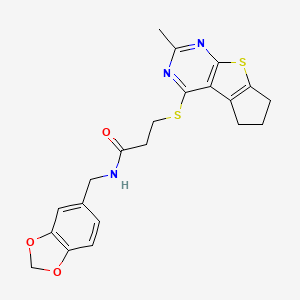 molecular formula C21H21N3O3S2 B2942591 N-[(2H-1,3-benzodioxol-5-yl)methyl]-3-({10-methyl-7-thia-9,11-diazatricyclo[6.4.0.0^{2,6}]dodeca-1(8),2(6),9,11-tetraen-12-yl}sulfanyl)propanamide CAS No. 727689-38-5
