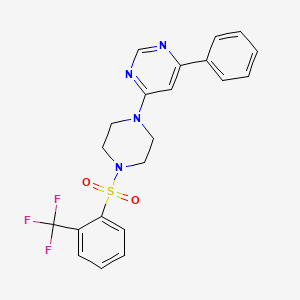 molecular formula C21H19F3N4O2S B2942593 4-Phenyl-6-(4-((2-(trifluoromethyl)phenyl)sulfonyl)piperazin-1-yl)pyrimidine CAS No. 1351614-35-1