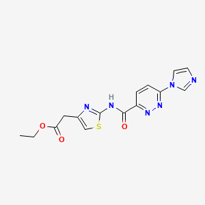 molecular formula C15H14N6O3S B2942618 2-(2-(6-(1H-咪唑-1-基)吡嗪-3-甲酰胺)噻唑-4-基)乙酸乙酯 CAS No. 1396793-15-9
