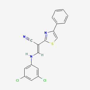 molecular formula C18H11Cl2N3S B2942624 (E)-3-((3,5-dichlorophenyl)amino)-2-(4-phenylthiazol-2-yl)acrylonitrile CAS No. 373368-21-9
