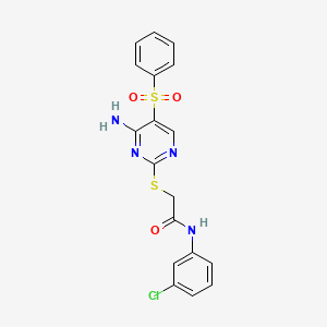 molecular formula C18H15ClN4O3S2 B2942642 2-{[4-AMINO-5-(BENZENESULFONYL)PYRIMIDIN-2-YL]SULFANYL}-N-(3-CHLOROPHENYL)ACETAMIDE CAS No. 894947-08-1