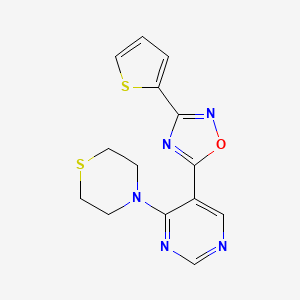 molecular formula C14H13N5OS2 B2942651 5-(4-Thiomorpholinopyrimidin-5-yl)-3-(thiophen-2-yl)-1,2,4-oxadiazole CAS No. 2034543-33-2