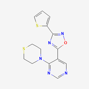 molecular formula C14H13N5OS2 B2942651 4-{5-[3-(thiophen-2-yl)-1,2,4-oxadiazol-5-yl]pyrimidin-4-yl}thiomorpholine CAS No. 2034543-33-2