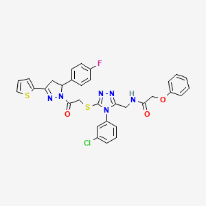 molecular formula C32H26ClFN6O3S2 B2942676 N-((4-(3-chlorophenyl)-5-((2-(5-(4-fluorophenyl)-3-(thiophen-2-yl)-4,5-dihydro-1H-pyrazol-1-yl)-2-oxoethyl)thio)-4H-1,2,4-triazol-3-yl)methyl)-2-phenoxyacetamide CAS No. 393585-06-3