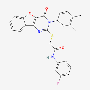 molecular formula C26H20FN3O3S B2942686 2-((3-(3,4-dimethylphenyl)-4-oxo-3,4-dihydrobenzofuro[3,2-d]pyrimidin-2-yl)thio)-N-(3-fluorophenyl)acetamide CAS No. 872205-80-6