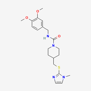 molecular formula C20H28N4O3S B2942728 N-(3,4-二甲氧基苄基)-4-(((1-甲基-1H-咪唑-2-基)硫)甲基)哌啶-1-甲酰胺 CAS No. 1428357-14-5