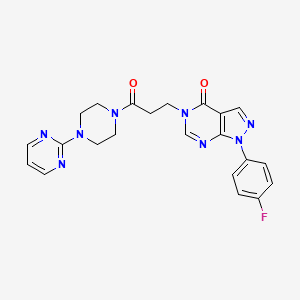 molecular formula C22H21FN8O2 B2942763 1-(4-fluorophenyl)-5-(3-oxo-3-(4-(pyrimidin-2-yl)piperazin-1-yl)propyl)-1H-pyrazolo[3,4-d]pyrimidin-4(5H)-one CAS No. 953226-71-6