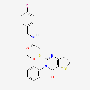 molecular formula C22H20FN3O3S2 B2942765 N-[(4-fluorophenyl)methyl]-2-[[3-(2-methoxyphenyl)-4-oxo-6,7-dihydrothieno[3,2-d]pyrimidin-2-yl]sulfanyl]acetamide CAS No. 686772-25-8