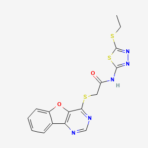 molecular formula C16H13N5O2S3 B2942769 2-([1]benzofuro[3,2-d]pyrimidin-4-ylsulfanyl)-N-(5-ethylsulfanyl-1,3,4-thiadiazol-2-yl)acetamide CAS No. 851130-16-0