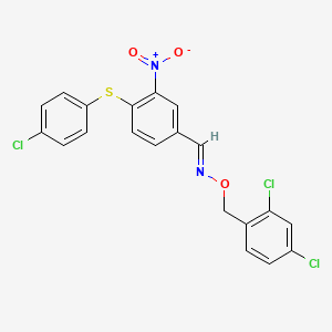 molecular formula C20H13Cl3N2O3S B2942812 4-[(4-chlorophenyl)sulfanyl]-3-nitrobenzenecarbaldehyde O-(2,4-dichlorobenzyl)oxime CAS No. 477851-88-0