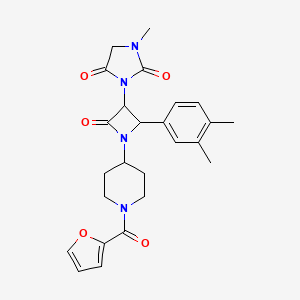 molecular formula C25H28N4O5 B2942834 3-[2-(3,4-Dimethylphenyl)-1-[1-(furan-2-carbonyl)piperidin-4-yl]-4-oxoazetidin-3-yl]-1-methylimidazolidine-2,4-dione CAS No. 1252095-87-6
