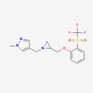 molecular formula C15H16F3N3O3S B2942869 1-Methyl-4-[[2-[[2-(trifluoromethylsulfonyl)phenoxy]methyl]aziridin-1-yl]methyl]pyrazole CAS No. 2418663-51-9