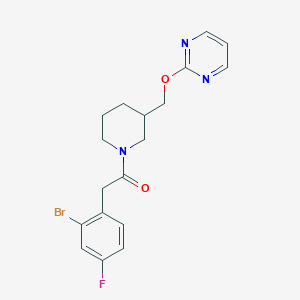 molecular formula C18H19BrFN3O2 B2942967 2-(2-Bromo-4-fluorophenyl)-1-[3-(pyrimidin-2-yloxymethyl)piperidin-1-yl]ethanone CAS No. 2379983-93-2