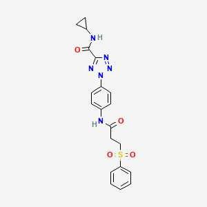 molecular formula C20H20N6O4S B2942971 N-环丙基-2-(4-(3-(苯磺酰基)丙酰胺)苯基)-2H-四唑-5-甲酰胺 CAS No. 1396877-76-1