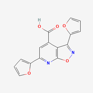 molecular formula C15H8N2O5 B2942983 3,6-Bis(furan-2-yl)-[1,2]oxazolo[5,4-b]pyridine-4-carboxylic acid CAS No. 954576-56-8