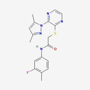 molecular formula C18H18FN5OS B2943000 2-((3-(3,5-dimethyl-1H-pyrazol-1-yl)pyrazin-2-yl)thio)-N-(3-fluoro-4-methylphenyl)acetamide CAS No. 1251570-39-4