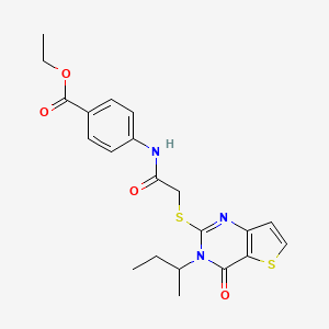 molecular formula C21H23N3O4S2 B2943029 Ethyl 4-(2-((3-(sec-butyl)-4-oxo-3,4-dihydrothieno[3,2-d]pyrimidin-2-yl)thio)acetamido)benzoate CAS No. 1326923-69-6