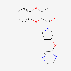 molecular formula C18H19N3O4 B2943089 (3-Methyl-2,3-dihydrobenzo[b][1,4]dioxin-2-yl)(3-(pyrazin-2-yloxy)pyrrolidin-1-yl)methanone CAS No. 2034449-35-7