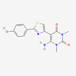 molecular formula C15H14N4O3S B2943113 6-Amino-5-[2-(4-hydroxyphenyl)-1,3-thiazol-4-yl]-1,3-dimethyl-1,2,3,4-tetrahydropyrimidine-2,4-dione CAS No. 871548-23-1