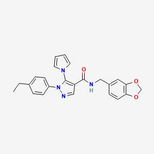 molecular formula C24H22N4O3 B2943114 N-(benzo[d][1,3]dioxol-5-ylmethyl)-1-(4-ethylphenyl)-5-(1H-pyrrol-1-yl)-1H-pyrazole-4-carboxamide CAS No. 1207018-59-4