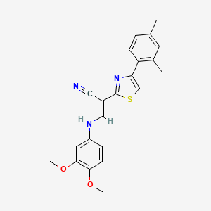 molecular formula C22H21N3O2S B2943149 (E)-3-((3,4-dimethoxyphenyl)amino)-2-(4-(2,4-dimethylphenyl)thiazol-2-yl)acrylonitrile CAS No. 377049-61-1