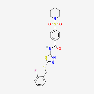 molecular formula C21H21FN4O3S3 B2943214 N-(5-((2-fluorobenzyl)thio)-1,3,4-thiadiazol-2-yl)-4-(piperidin-1-ylsulfonyl)benzamide CAS No. 887223-13-4