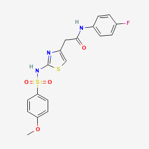 molecular formula C18H16FN3O4S2 B2943226 N-(4-fluorophenyl)-2-(2-(4-methoxyphenylsulfonamido)thiazol-4-yl)acetamide CAS No. 921995-85-9