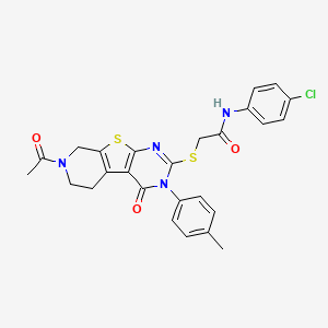 molecular formula C26H23ClN4O3S2 B2943231 2-((7-乙酰基-4-氧代-3-(对甲苯基)-3,4,5,6,7,8-六氢吡啶并[4',3':4,5]噻吩并[2,3-d]嘧啶-2-基)硫代)-N-(4-氯苯基)乙酰胺 CAS No. 1185080-84-5