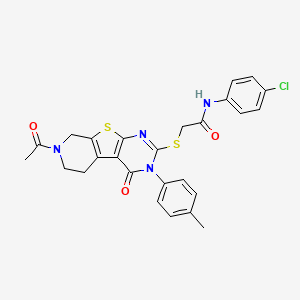 2-[[11-acetyl-4-(4-methylphenyl)-3-oxo-8-thia-4,6,11-triazatricyclo[7.4.0.02,7]trideca-1(9),2(7),5-trien-5-yl]sulfanyl]-N-(4-chlorophenyl)acetamide