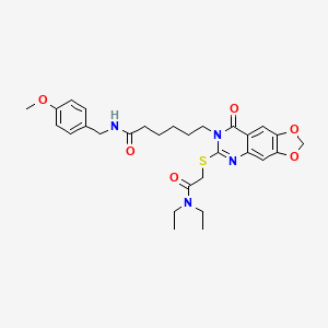 molecular formula C29H36N4O6S B2943234 6-[6-{[2-(二乙氨基)-2-氧代乙基]硫代}-8-氧代[1,3]二氧杂环[4,5-g]喹唑啉-7(8H)-基]-N-(4-甲氧基苄基)己酰胺 CAS No. 688060-99-3