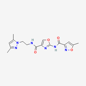 molecular formula C16H18N6O4 B2943295 N-(4-((2-(3,5-dimethyl-1H-pyrazol-1-yl)ethyl)carbamoyl)oxazol-2-yl)-5-methylisoxazole-3-carboxamide CAS No. 1421500-69-7