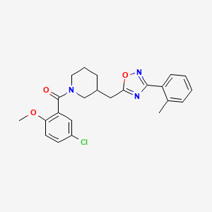 molecular formula C23H24ClN3O3 B2943313 (5-Chloro-2-methoxyphenyl)(3-((3-(o-tolyl)-1,2,4-oxadiazol-5-yl)methyl)piperidin-1-yl)methanone CAS No. 1705766-28-4